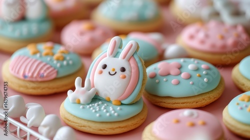 Obraz na płótnie Cute Bunny Decorated Cookies in Pastel Colors for Spring Celebration w salonie