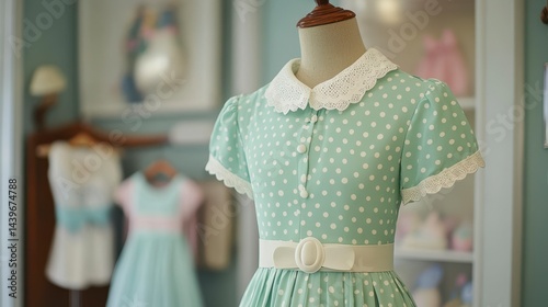 Obraz na płótnie Vintage Style Polka Dot Dress with Collar and Lace Trim in Boutique w salonie