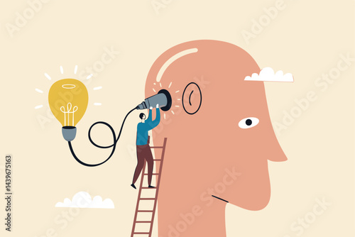 Creativity and idea thinking, brainstorm for solution, imagination or innovation to create new idea concept, smart businessman climb up ladder to plugin creative lightbulb into his brain head.