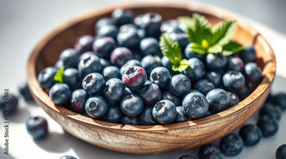 Bowl of plump, fresh blueberries with a few mint leaves for garnish sitting in bright sunlight. Bowl of plump, fresh blueberries with a few mint leaves for garnish sitting in bright sunlight.