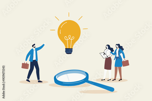 Business insights intelligence information for competitive advantage and win competition, discover business outlook concept, business people team looking at lightbulb floating from magnifying glass.