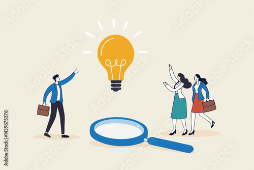Business insights intelligence information for competitive advantage and win competition, discover business outlook concept, business people team looking at lightbulb floating from magnifying glass.