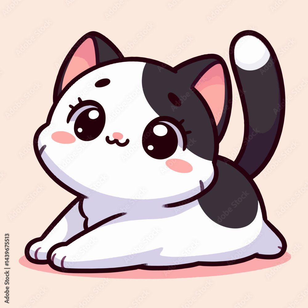 Stylized, cartoon representation of a black and white cat in a relaxed, sitting posture. Stylized, cartoon representation of a black and white cat in a relaxed, sitting posture.