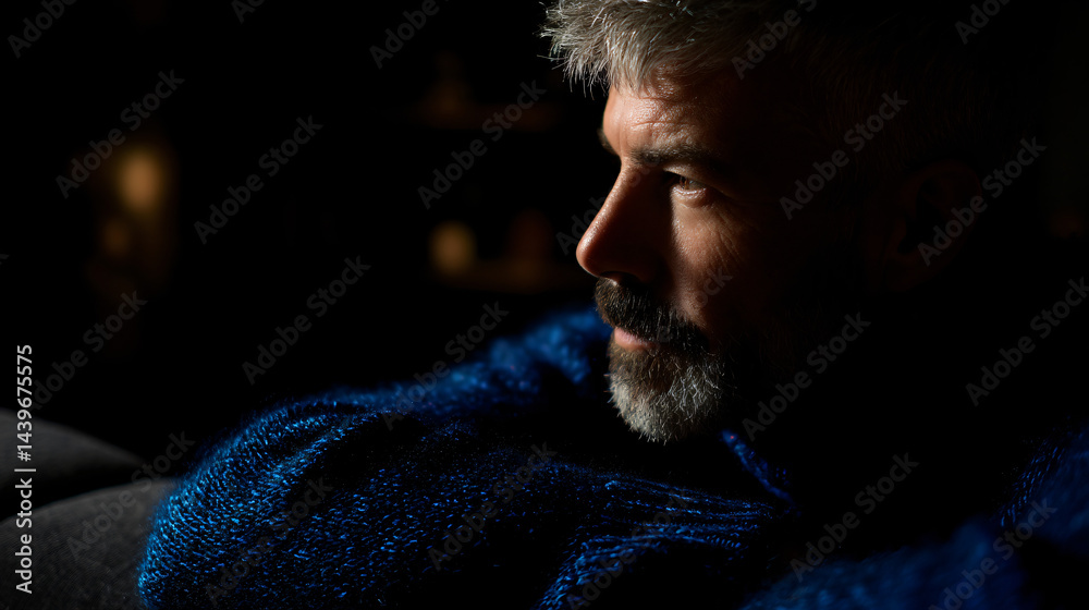 Contemplative middle-aged professional in blue sweater, conveying emotional intelligence and life experience