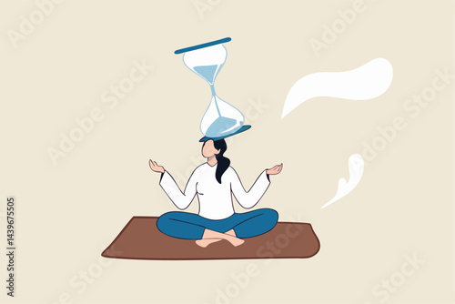 Patience time, practice to concentrate and wait for success, being professional calm and mindfulness thinking, endurance concept, relax woman sitting with sandglass on her head practicing patience.