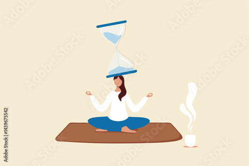 Patience time, practice to concentrate and wait for success, being professional calm and mindfulness thinking, endurance concept, relax woman sitting with sandglass on her head practicing patience.
