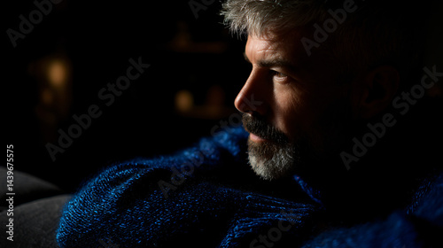 Obraz na płótnie Contemplative middle-aged professional in blue sweater, conveying emotional intelligence and life experience w salonie