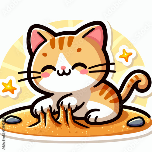 Digitally rendered illustration of a friendly cartoon tabby cat joyfully playing in a pile of golden sand.