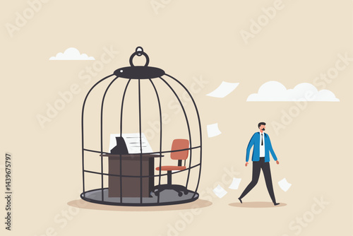 Break free, quit exhausted day job to start new business, escape for freedom, resign from toxic workplace or retirement concept, confidence businessman break free from toxic working desk bird cage.