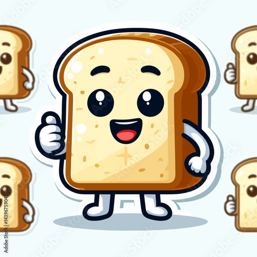 Stylized cartoon slice of bread with a cheerful expression and a thumbs-up gesture, set against a subtle repeating pattern.