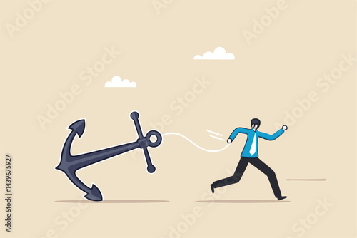 Freedom, relief or escape from bad habit, psychology anchoring effect or cut heavy burden to growing more concept, businessman using scissor to cut the rope tie himself with big heavy anchor.