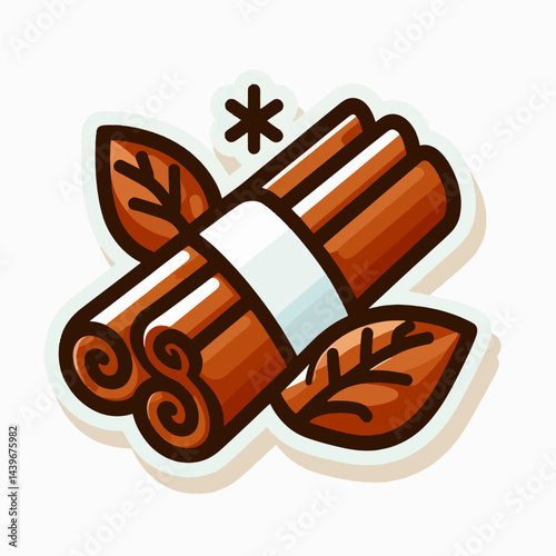 Stylized, cartoon depiction of cinnamon sticks, bundled together and presented with stylized leaves, suitable for use in design or as a food illustration.