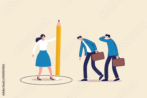 Personal space, privacy or work boundary to limit access and protect from people, introvert or safe zone concept, businesswoman using pencil to draw personal space circle to protect from coworkers.