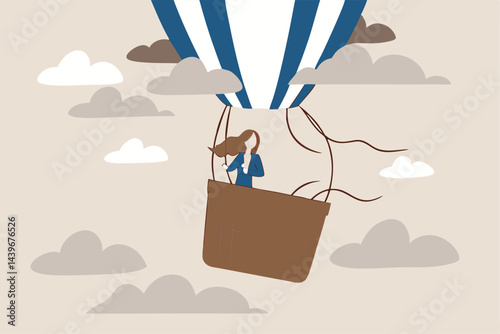 Mental health, depression or sadness, anxiety and stressed problem, work difficulty and obstacle, pessimism concept, depressed desperate and hopeless woman in falling down air balloon in thunder storm