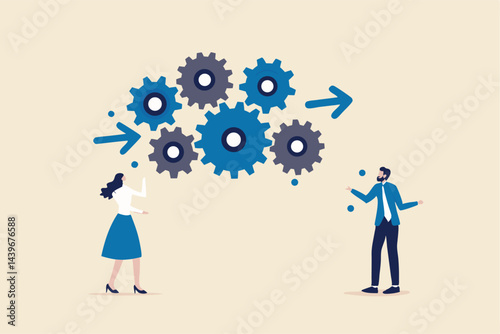 Workflow management, working process optimization for best outcome, team management or development plan and procedure concept, businessman manager optimizing cogwheels workflow system for best result.