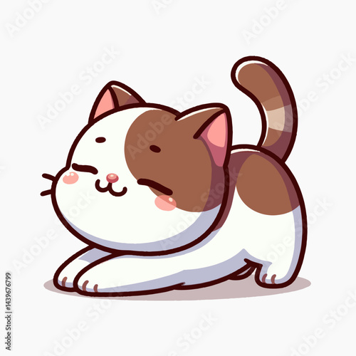 Digital rendering of a charming cartoon kitten, positioned in a playful stretching pose.  Its design features simplified shapes and expressive features.