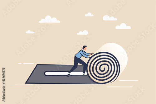 Develop career path or create success way, begin new road to achieve target or entrepreneur plan ahead way their own way concept, confident businessman rolling the road carpet to walk to success.