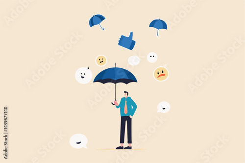 Handle business criticism, scold or negative feedback, manage boss blame, pressure, failure or mistake ashamed concept, confidence businessman hold strong umbrella protect from negative feedback.