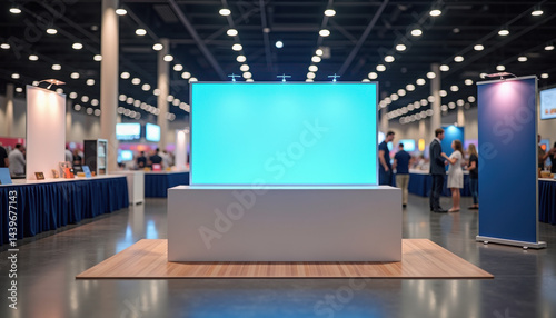 Horizontal banner mockup. Vertical blank banner mockup with table setup at modern business exhibition booth