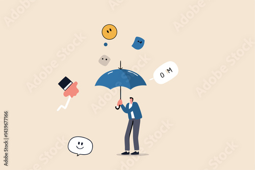 Handle business criticism, scold or negative feedback, manage boss blame, pressure, failure or mistake ashamed concept, confidence businessman hold strong umbrella protect from negative feedback.