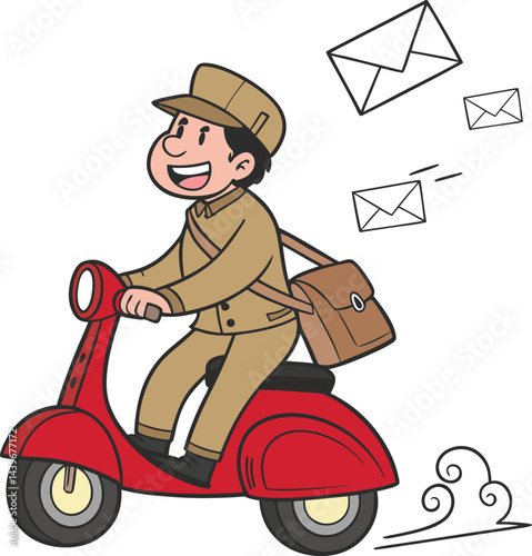 Mailman on Red Scooter Delivering Letters Vector Illustration