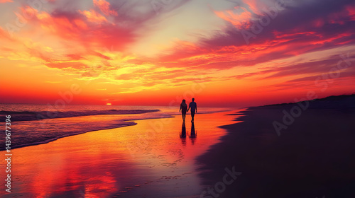 Romantic Couple Walking on Beach at Sunset Beautiful Ocean View