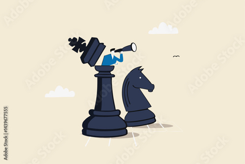 Success strategy, plan ahead to win business competition, leadership vision or looking for opportunity, competitor analysis concept, businessman leader open chess king with binocular to look ahead.