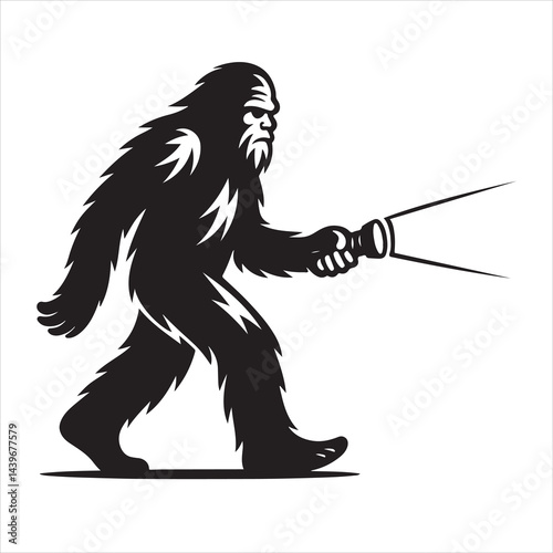 Black and white silhouette of Bigfoot (Yeti) walking carefully with a flashlight, highlighting his natural rugged facial expression