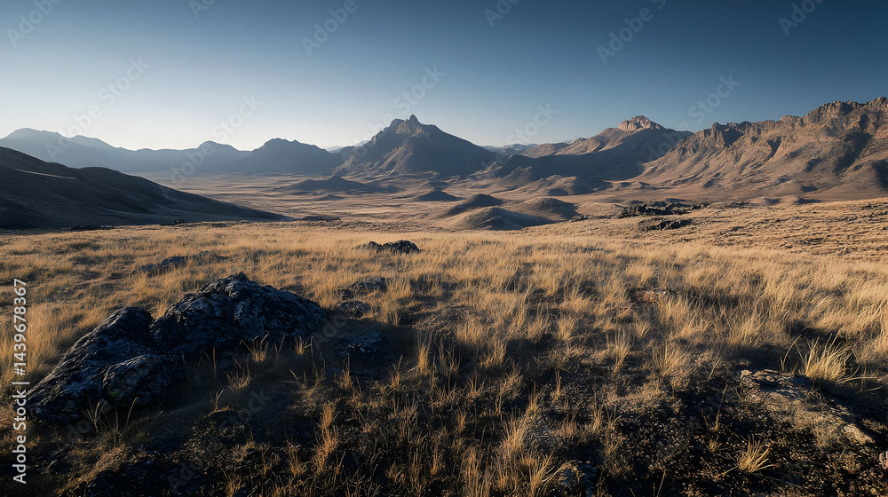 Naklejka premium Majestic Mountain Range and Serene Grassland at Golden Hour