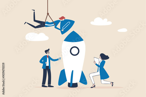 Build startup company, collaboration or cooperate to develop business innovation idea, teamwork and support concept, creative businessman and woman coworker support each other help building rocket.