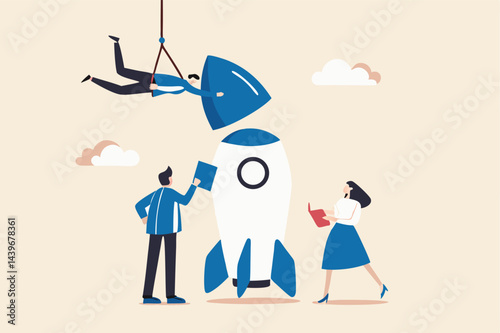 Build startup company, collaboration or cooperate to develop business innovation idea, teamwork and support concept, creative businessman and woman coworker support each other help building rocket.
