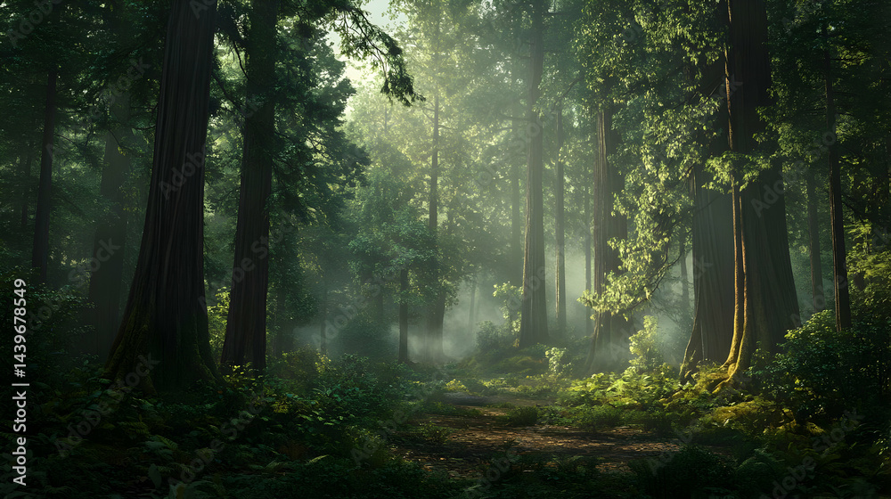 Obraz premium Misty Forest Path: A Serene Landscape Photography