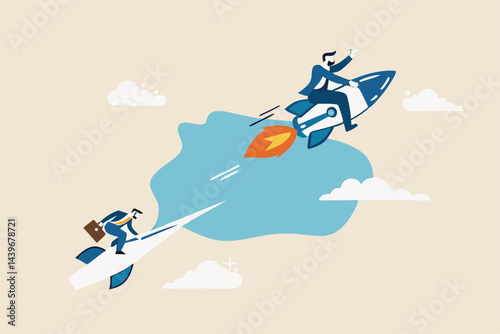 Leadership to win business competition, winner or competitive advantage to success in work, innovation and motivation concept, businessman riding fast rocket to win against other origami airplane.
