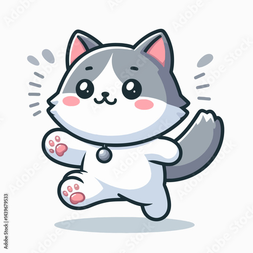 Digitally rendered,  cartoonish illustration of a cute, gray and white feline,  appearing to walk or stride, conveying a feeling of playfulness and cheerfulness.