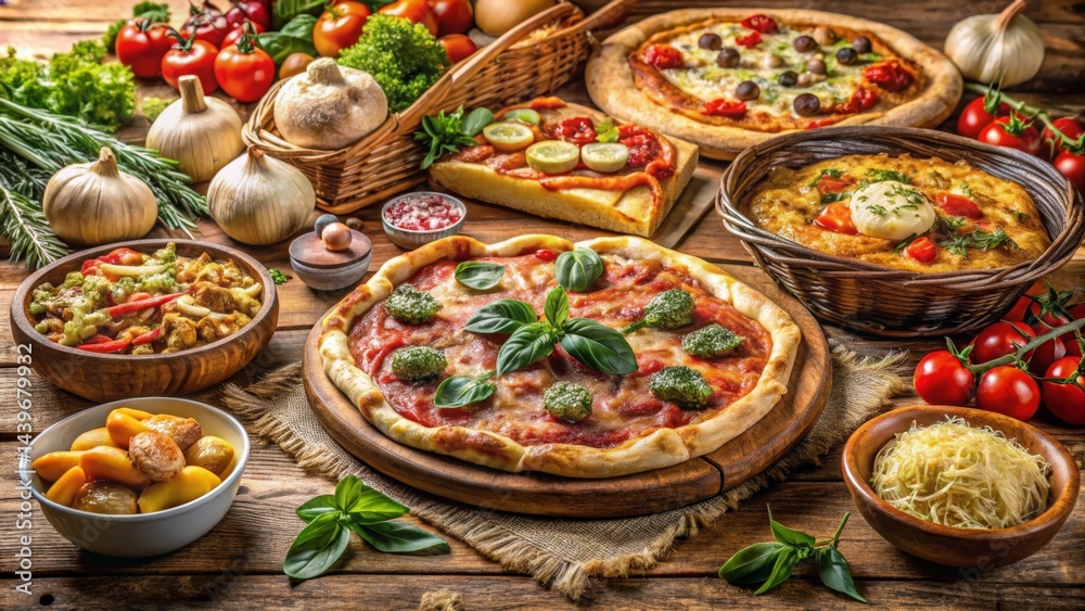 Fototapeta premium A Rustic Tabletop Display Featuring an Array of Deliciously Prepared Pizzas, Alongside Fresh Vegetables and Savory Side Dishes.
