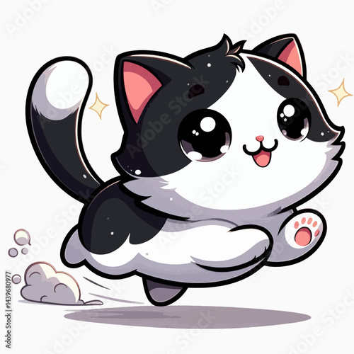 Digitally rendered, playful cartoon feline in a running pose, showcasing expressive eyes and a cheerful expression.