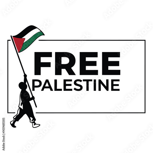 "FREE PALESTINE Graphic: Silhouette Holding Flag with Bold Advocacy Message in Rectangular Frame"
