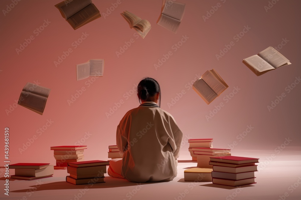 Student Surrounded by Floating Books