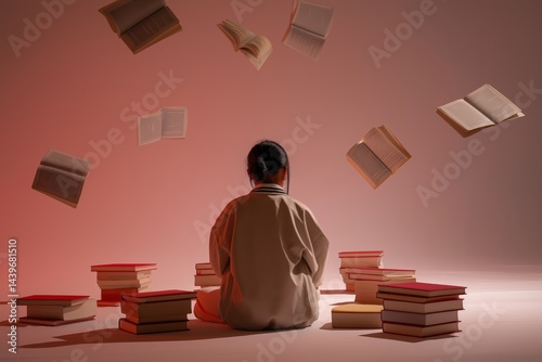 Student Surrounded by Floating Books