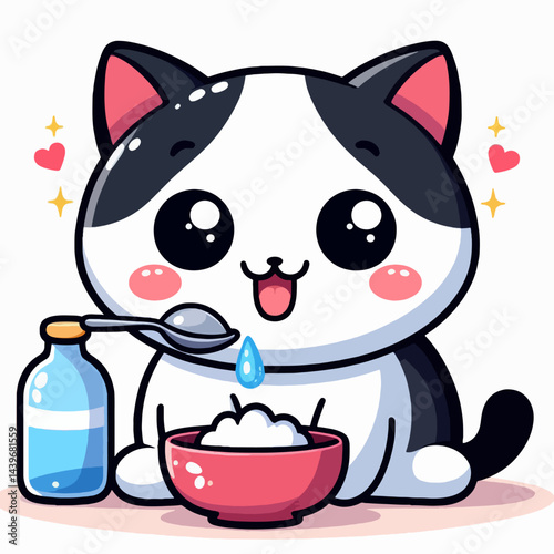 Charming cartoon depiction of a black and white cat enjoying a meal from a bowl, with a bottle and spoon nearby.