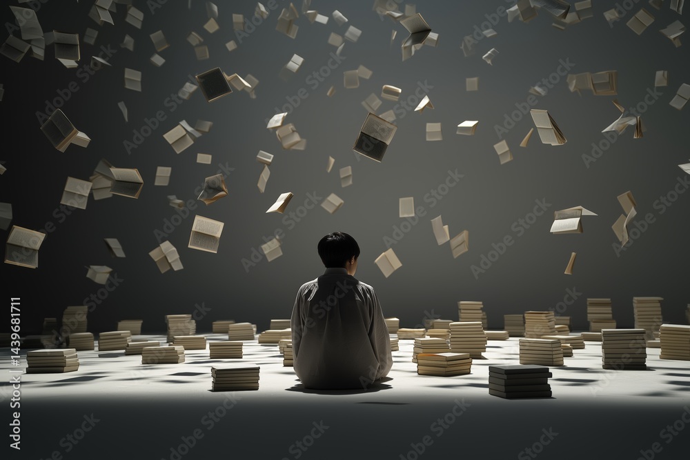 Student Surrounded by Floating Books