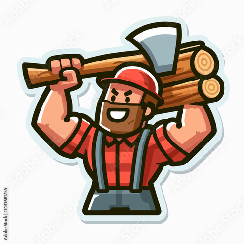 Cartoon illustration of a cheerful lumberjack, showcasing muscular physique, holding logs with an axe overhead.