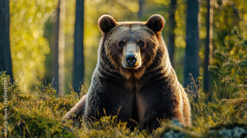Fototapeta premium A brown bear positioned centrally in a forest.
