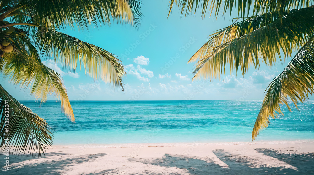 Fototapeta premium Tropical Beach Paradise: Idyllic Ocean View with Palm Trees