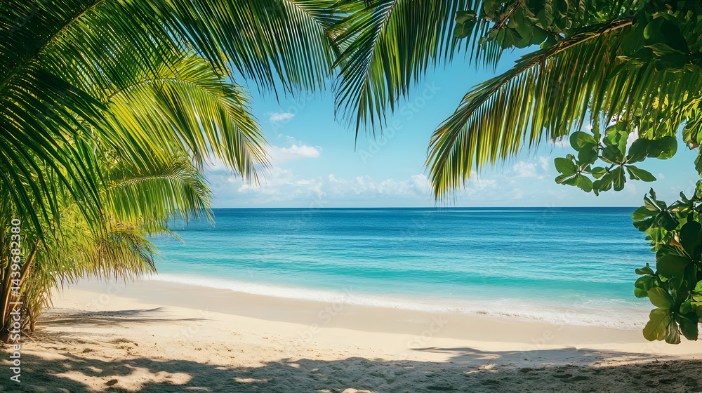 Obraz premium Tropical Beach Scene: Idyllic Ocean View with Lush Palm Trees