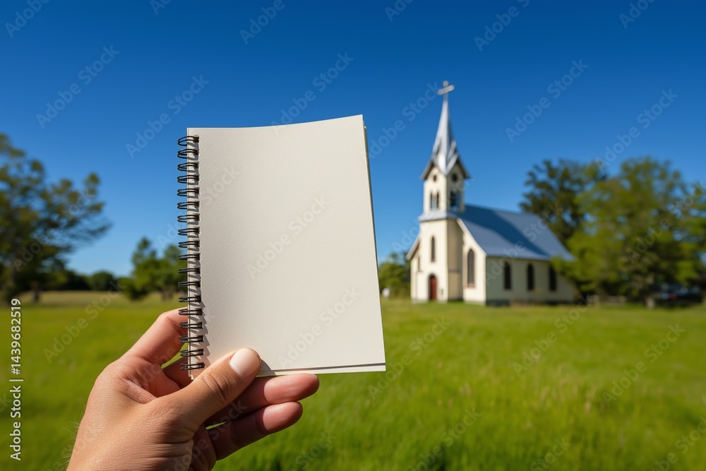 Hand Holding Notebook with Church