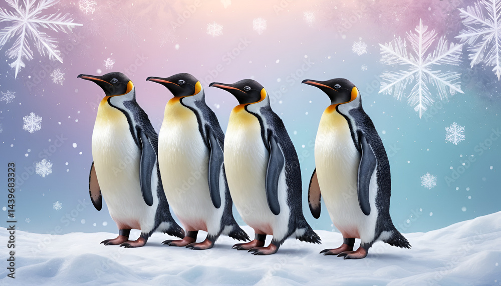 Fototapeta premium Four penguins standing in a row on snow, winter scene