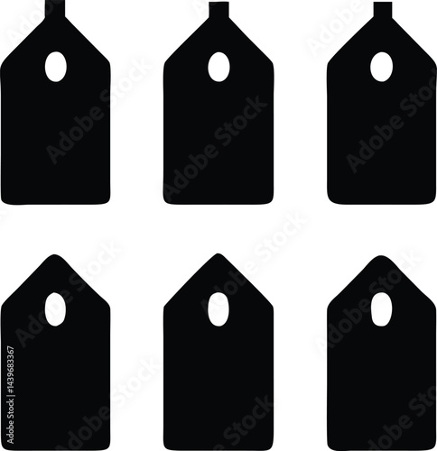Price Tag Variations: An artistic, minimalistic set of black price tags with varying top designs, offering a clean and versatile option for product labeling and pricing.