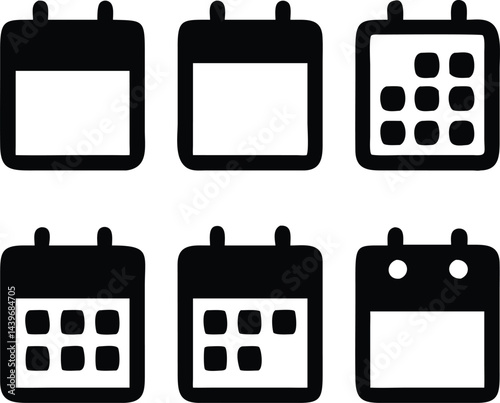 Calendar Icons: A collection of stylized calendar icons, each showcasing a simple, graphic representation of time management and scheduling, with a minimalist aesthetic.
