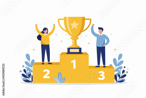 Winners on Podium with Trophy - Achievement Illustration

